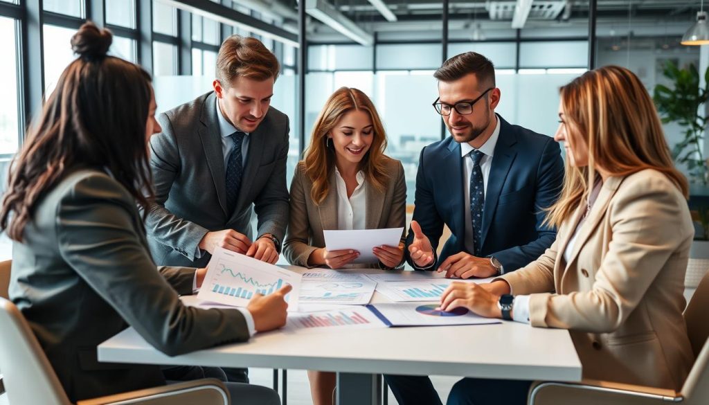 Business professionals discussing digital marketing strategy options in a meeting