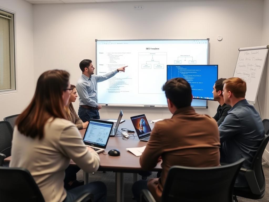 SEO specialist collaborating with web development team on technical implementation