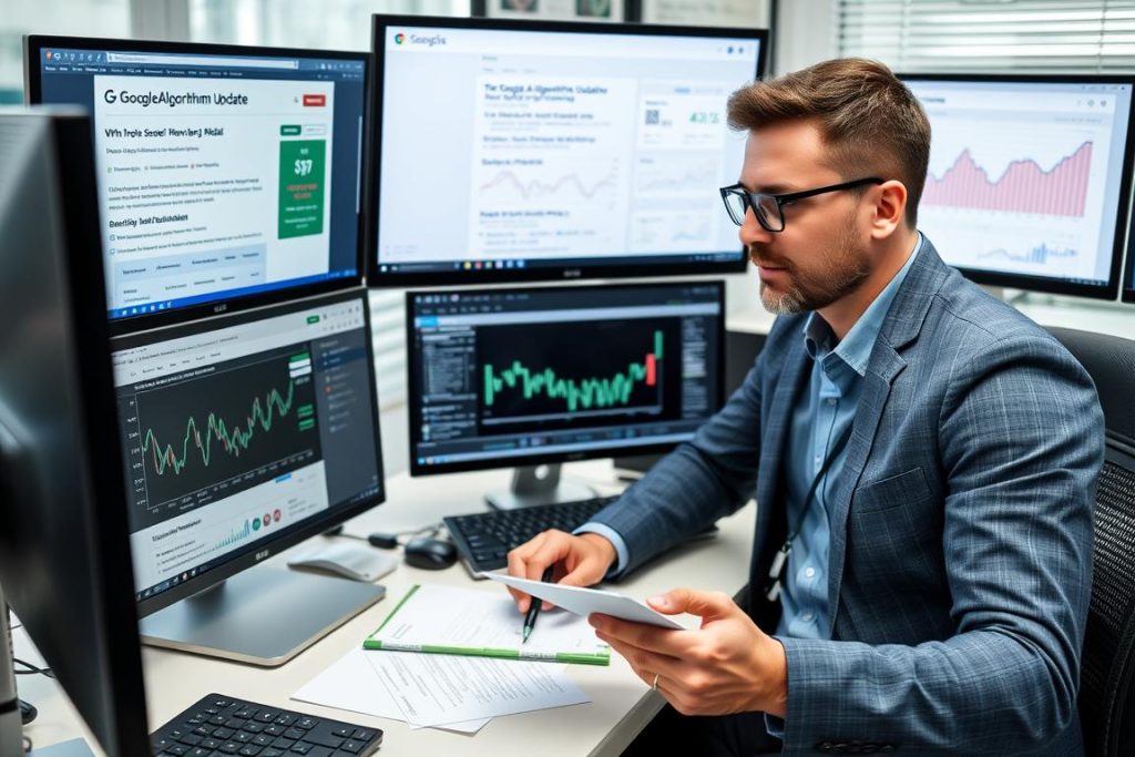 SEO specialist monitoring algorithm changes and adapting strategy