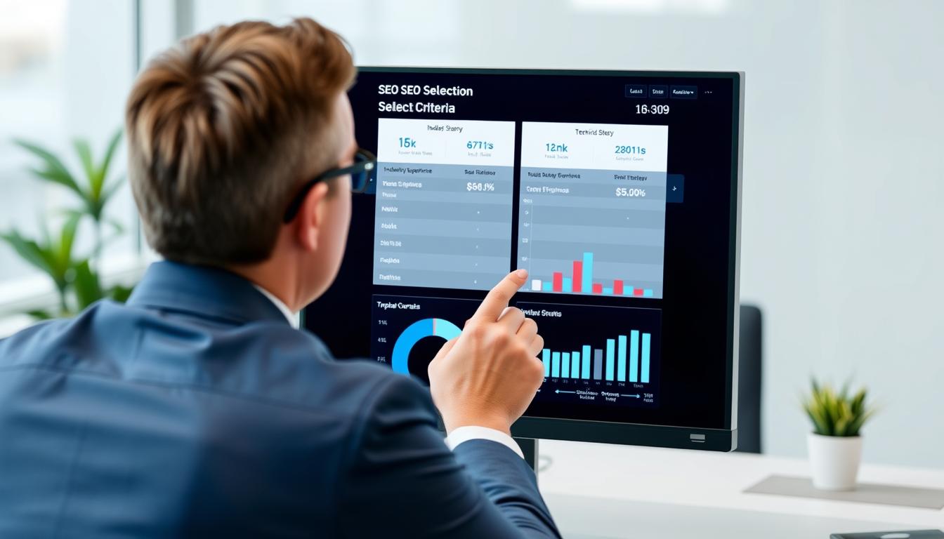 Business professional analyzing SEO partner selection criteria on a digital dashboard showing industry experience vs technical expertise metrics