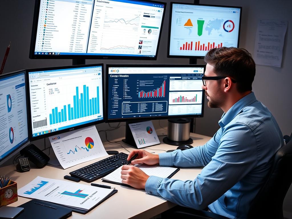 SEO specialist researching niche industry keywords and analyzing competitor content strategies
