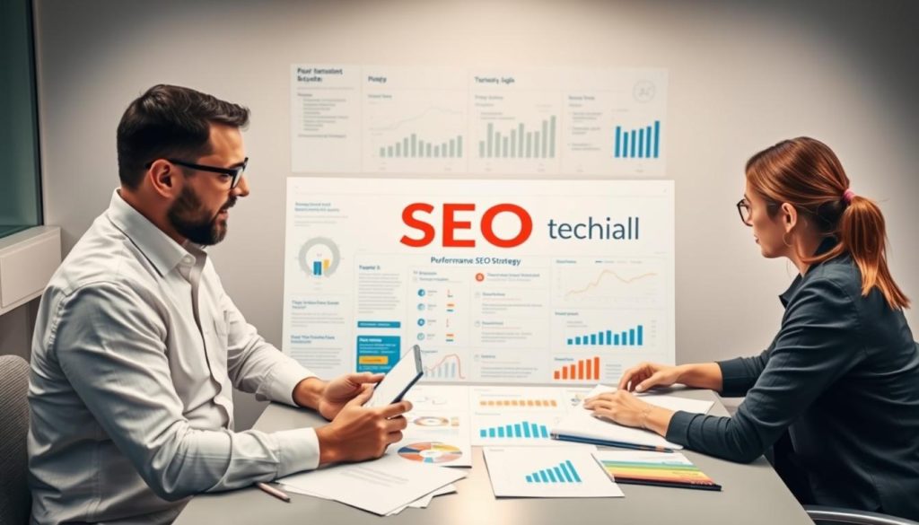 SEO team collaboration showing industry specialists and technical experts working together on a comprehensive strategy
