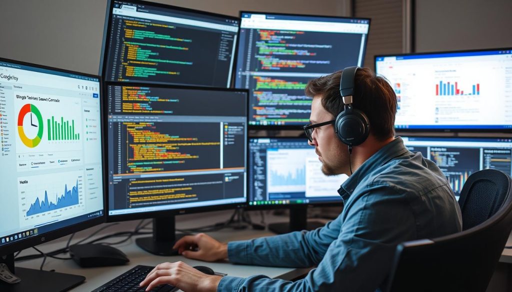 Technical SEO specialist analyzing website performance metrics and implementing core web vitals optimizations